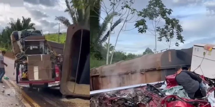 Carreta tomba sobre caminhonete e deixa uma pessoa morta e outra ferida na BR-163, em Trairão